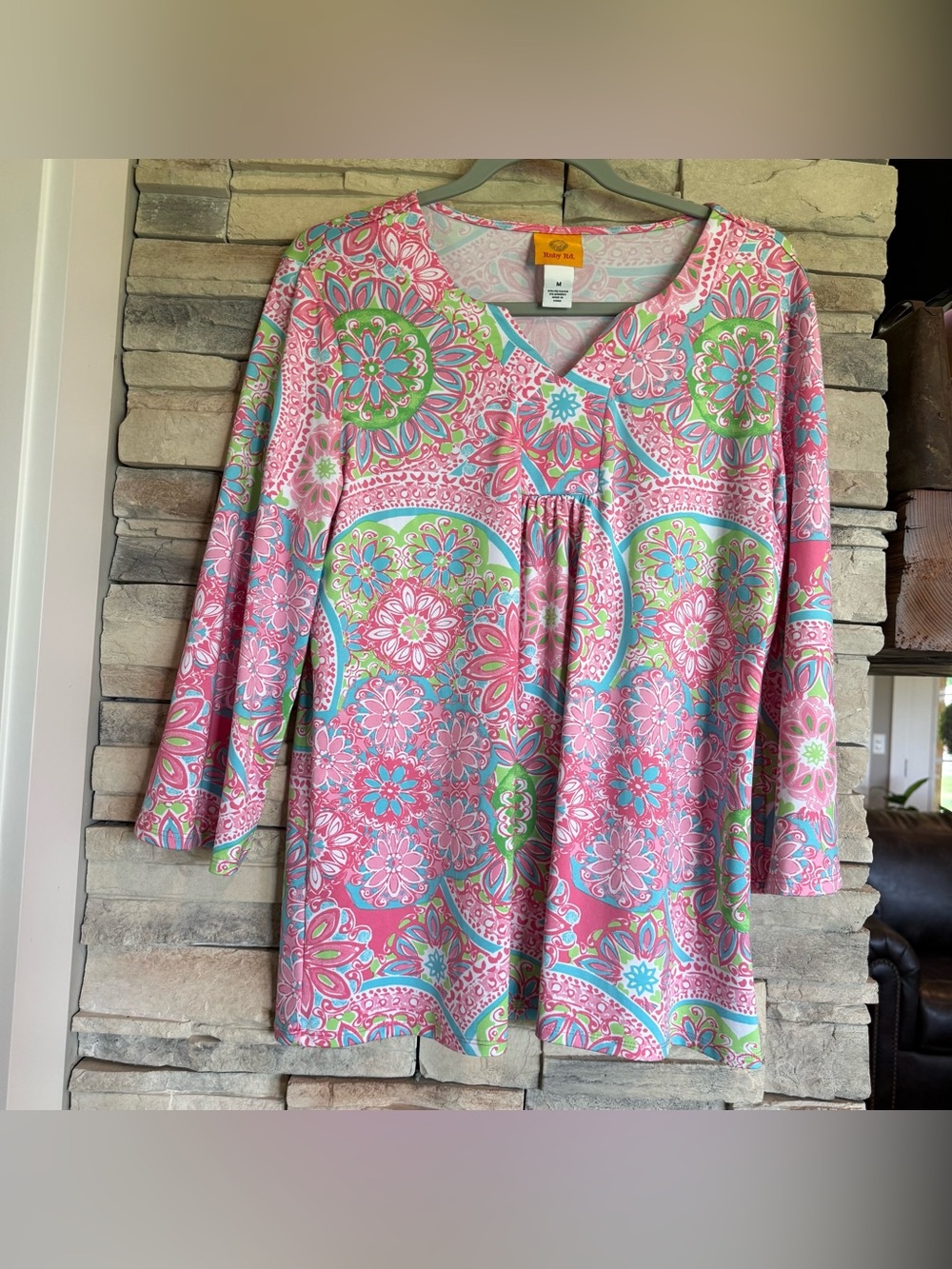 Ruby Rd Blouse Women's Medium V-Neck Floral 3/4 Sleeve Artsy Casual Top